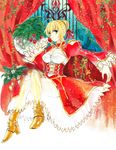  ahoge bad_id bad_pixiv_id blonde_hair breasts cleavage command_spell crossed_legs dress epaulettes fate/extra fate_(series) fon-due_(fonfon) food fruit green_eyes hair_ribbon large_breasts legs nero_claudius_(fate) nero_claudius_(fate)_(all) ribbon rotting see-through sitting solo strawberry thighs 
