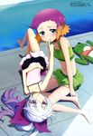  absurdres aquarion_(series) aquarion_evol barefoot blush bow crea_dorosera crossed_legs feet finger_to_another's_mouth gradient_hair green_eyes hair_bow highres jimmy_stone lying megami multicolored_hair multiple_girls navel official_art one-piece_swimsuit open_mouth pool poolside purple_eyes purple_hair scan sitting stuffed_animal stuffed_frog stuffed_toy swimsuit tama_(aquarion) upside-down water yokozuwari yunoha_thrul 