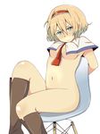  alice_margatroid bad_id bad_pixiv_id between_breasts blonde_hair blush boots breasts capelet chair cleavage green_eyes highres medium_breasts navel nude short_hair sitting solo touhou tsukigi underboob 