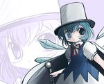  blue_eyes blue_hair cape cirno hat looking_at_viewer monocle solo top_hat touhou yume_shokunin zoom_layer 