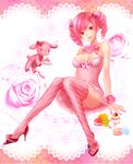  bad_id bad_pixiv_id bow breasts cleavage drill_hair flower food fruit hair_bow high_heels koshika_rina macaron original pink plate rose shoes small_breasts solo strawberry stuffed_animal stuffed_toy thighhighs twin_drills twintails 