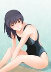  amagami black_eyes black_hair competition_swimsuit kishida-shiki legs long_legs one-piece_swimsuit ponytail short_hair sitting smile solo swimsuit tsukahara_hibiki 