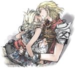  age_difference arched_back bad_id bad_pixiv_id basch_fon_ronsenburg beard blonde_hair closed_eyes couple facial_hair final_fantasy final_fantasy_xii fingerless_gloves gloves kiss male_focus midriff multiple_boys navel scar shoulder_armor simple_background spaulders toujou_sakana vaan vest white_background yaoi 