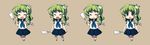  alternate_costume chibi frog_hair_ornament gohei green_eyes green_hair hair_ornament highres kabayaki_unagi kochiya_sanae long_hair school_uniform serafuku simple_background snake_hair_ornament sweatdrop touhou 