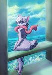  back butt female hair hindpaw looking_at_viewer looking_back mingchee ocean open_mouth paws scarf sea sitting smile solo water window 