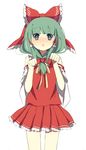  :o absurdres bad_id bad_pixiv_id bow cosplay detached_sleeves front_ponytail green_eyes green_hair hair_bow hair_tubes hakurei_reimu hakurei_reimu_(cosplay) highres kagiyama_hina paw_pose saionji_yuri simple_background skirt skirt_set solo touhou white_background 