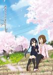  bad_id bad_pixiv_id black_hair black_legwear blush brown_eyes brown_hair casual cherry_blossoms closed_eyes hirasawa_yui holding_hands hood hoodie k-on! legwear_under_shorts long_hair multiple_girls nakano_azusa official_style open_mouth pantyhose ponytail power_lines ragho_no_erika scenery school_uniform short_hair shorts sitting sitting_on_stairs smile stairs tree twintails 