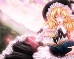  blonde_hair book brooch closed_eyes clover four-leaf_clover frilled_hat frills hat hizo_(repapp) jewelry kirisame_marisa long_hair nature scenery solo touhou witch_hat 