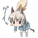  :&gt; animal_ears bad_id bad_pixiv_id bag blonde_hair blush_stickers boots chibi eila_ilmatar_juutilainen hands highres military military_uniform norayinu pantyhose purple_eyes satchel strike_witches tail uniform world_witches_series 