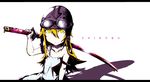  blonde_hair goggles helmet imai_hiyoko long_hair monogatari_(series) oshino_shinobu over_shoulder solo sword weapon weapon_over_shoulder yellow_eyes 