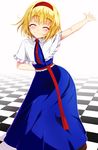  alice_margatroid arm_up blonde_hair blue_dress blush capelet closed_eyes dress hairband highres nanase_nanami necktie sash short_hair smile solo tile_floor tiles touhou 