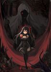  apple bare_shoulders black_hair black_legwear branch breasts cleavage column dress food fruit glowing glowing_eyes gothic highres hood medium_breasts original pillar red_eyes scythe side_ponytail sitting skeleton thighhighs tree zqf 