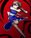  alice_(megami_tensei) alice_(megami_tensei)_(cosplay) bad_id bad_pixiv_id bow brown_eyes brown_hair cosplay dress female_protagonist_(persona_3) frills gun hair_ornament hair_ribbon hairclip kneehighs persona persona_3 persona_3_portable ribbon solo tokiwa_(mukoku) weapon 