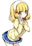  bad_id bad_pixiv_id blonde_hair blush cardigan eyelashes hairband hands_together kise_yayoi nanairogaoka_middle_school_uniform own_hands_together pleated_skirt precure school_uniform simple_background skirt smile_precure! solo white_background white_hairband yellow_eyes yukiwo 