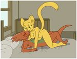  argonian bed breasts cat duo edit eye_contact feline female katia_managan khajiit lesbian licking mammal nude pillow prequel quill-weave scalie the_elder_scrolls the_elder_scrolls_iv:_oblivion tongue unknown_artist video_games 