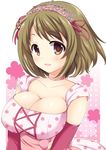  :d breasts brown_eyes brown_hair choker cleavage dress elbow_gloves gloves hairband idolmaster idolmaster_cinderella_girls large_breasts mimura_kanako mizushima_aru open_mouth pink_dot_balloon ribbon smile solo 