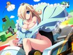  1girl bare_shoulders blonde_hair blue_eyes breasts bursting_breasts cleavage dress dress_lift hair_over_one_eye hat kanisaka lakitu large_breasts legs long_hair luigi mario_(series) mario_kart no_panties racing rosetta_(mario) super_mario_bros. thighs warp_pipe wind wind_lift yoshi 