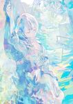  abstract arm_up bottle breasts cleavage original pale_color pomodorosa popped_collar short_hair small_breasts solo stairs tree unbuttoned 