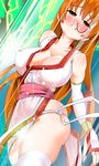  aburisamon areola_slip areolae ass breasts brown_eyes cleavage clenched_teeth covered_nipples dead_or_alive electricity highres kasumi_(doa) large_breasts long_hair orange_hair pelvic_curtain skindentation solo tears teeth thighhighs white_legwear 
