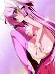  blush boots bow breast_hold breasts covering hair_bow kaname_madoka long_hair mahou_shoujo_madoka_magica medium_breasts miuku_(marine_sapphire) pink_footwear pink_hair pink_legwear smile solo thigh_boots thighhighs ultimate_madoka yellow_eyes 