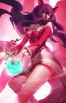  ahri animal_ears bare_shoulders breasts detached_sleeves facial_mark fox_ears fox_tail highres large_breasts league_of_legends long_hair magic matt_lau multiple_tails solo tail whisker_markings wind yellow_eyes 