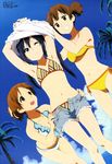  absurdres armpits arms_up bikini black_eyes black_hair breasts brown_eyes brown_hair cleavage cloud collarbone day denim denim_shorts flat_chest frown grin highres hirasawa_ui iwasaki_nami k-on! k-on!_movie megami multiple_girls nakano_azusa navel official_art one_eye_closed open_fly open_mouth outdoors palm_tree ponytail pulled_by_another round_teeth scan short_twintails shorts shorts_pull side-tie_bikini sky small_breasts smile suzuki_jun swimsuit teeth tree twintails undressing unzipped water 