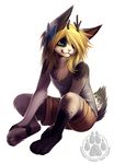  allen_myriad anthro antlers blonde_hair blue_eyes bow clothing falvie female hair horn jackalope lagomorph male mammal plain_background shirt shorts sitting solo tank_top white_background 