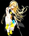  blonde_hair blue_eyes boots cable cd collar flapper_shirt headphones highres lily_(vocaloid) long_hair microphone microphone_stand midriff navel paka03 shirt skirt solo thigh_boots thighhighs vocaloid 