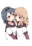  7001 angry blonde_hair blue_hair blush braid collarbone food food_in_mouth furutani_himawari hair_ornament hairband hairclip mouth_hold multiple_girls mutual_tsundere nanamori_school_uniform oomuro_sakurako pocky pocky_kiss school_uniform serafuku shared_food simple_background sweatdrop tsundere twin_braids white_background yuri yuru_yuri 