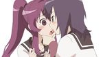  black_eyes black_hair chin_grab collarbone dress funami_yui hair_intakes multiple_girls nanamori_school_uniform ponytail purple_eyes purple_hair sailor_dress school_uniform serafuku shirakawa_mayumi short_hair sugiura_ayano tongue tongue_out yuri yuru_yuri 