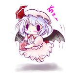  blush chibi drinking drinking_straw remilia_scarlet short_hair simple_background solid_circle_eyes solo touhou translated white_background wings yume_shokunin 