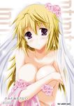  bad_id bad_pixiv_id blonde_hair blush breast_hold breasts charlotte_dunois cover covering doujinshi flower infinite_stratos large_breasts long_hair purple_eyes smile solo tsukishima_kai 