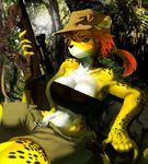  breasts cleavage clothed clothing day deanii feline female forest fur green_eyes gun hair hat hunter leopard mammal multicolor_fur orange_hair outside ranged_weapon red_hair rifle scenery scope skimpy slit_pupils solo tree two_tone_fur unzipped weapon wood yellow_fur zipper 