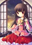  bad_id bad_pixiv_id branch brown_hair dress holding houraisan_kaguya jeweled_branch_of_hourai long_hair pf red_eyes round_window smile solo touhou window 