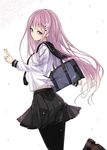  bad_id bad_pixiv_id bag black_legwear hair_ornament loafers long_hair open_mouth original pantyhose petals pleated_skirt purple_eyes purple_hair rage_(rojiura) school_bag school_uniform serafuku shoes shoulder_bag simple_background skirt solo v white_background 