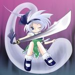  blue_eyes konpaku_youmu konpaku_youmu_(ghost) looking_at_viewer one_eye_closed short_hair sitting smile solo sword touhou weapon yume_shokunin 