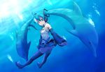  ahoge ao_usagi aqua_eyes aqua_hair bare_shoulders black_legwear blue_eyes blue_hair boots bubble commentary detached_sleeves dolphin hatsune_miku headset looking_back necktie panties skirt solo striped striped_panties thigh_boots thighhighs twintails underwater underwear vocaloid 