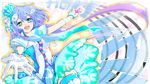  :d absurdres aoki_lapis blue_eyes blue_hair gloves headphones highres long_hair microphone open_mouth outstretched_hand scarf skirt smile solo tobitori tourmaline vocaloid white_gloves 