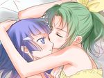  aoki_reika bare_shoulders blue_eyes blue_hair blush cheek_kiss closed_eyes eye_kiss green_hair hair_tubes head_hold kiss long_hair lying midorikawa_nao multiple_girls on_side ooshima_tomo ponytail precure short_hair smile_precure! yuri 