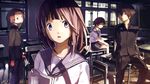  2girls black_hair book brown_eyes brown_hair chair chitanda_eru classroom desk fukube_satoshi gakuran highres hyouka ibara_mayaka indoors long_hair looking_at_viewer loundraw multiple_boys multiple_girls open_mouth oreki_houtarou purple_eyes school_desk school_uniform serafuku short_hair skirt wallpaper window 