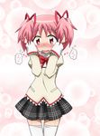  arms_up blush commentary_request hair_ribbon hand_in_hair heart kaname_madoka mahou_shoujo_madoka_magica open_mouth pink_eyes pink_hair ribbon school_uniform shirt skirt solo thighhighs twintails wavy_mouth white_legwear yoshiwo_(kanikama) zettai_ryouiki 