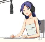  a1 bare_shoulders blue_hair bottle brown_eyes headphones idolmaster idolmaster_(classic) kisaragi_chihaya long_hair microphone open_mouth radio_booth solo water_bottle 