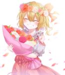  attyuntyun915 bare_shoulders blonde_hair blurry blush bouquet commentary_request cowboy_shot daisy depth_of_field eyes_closed facing_viewer flandre_scarlet flower frilled_sleeves frills grin hair_between_eyes hair_ribbon head_wreath holding holding_bouquet no_hat no_headwear no_wings petals pink_flower pink_rose raglan_sleeves red_flower red_rose red_skirt red_vest ribbon rose side_ponytail simple_background skirt smile standing symbol_commentary touhou vest white_background white_flower white_rose white_sleeves 