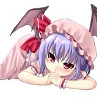  :t bad_id bad_pixiv_id bat_wings blue_hair child hat hat_ribbon highres hikataso lying on_stomach pout red_eyes remilia_scarlet ribbon shirt short_hair skirt skirt_set slit_pupils solo touhou wings wrist_cuffs 