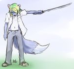  anthro aogami canine fox hair male mammal multi-colored_hair plain_background solo sword text weapon white_background 