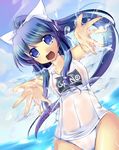  1girl alternate_hairstyle blue_eyes blue_hair blush bow cirno day hair_bow highres ice ice_wings long_hair one-piece_swimsuit open_mouth ponytail school_swimsuit sesield short_hair smile solo splashing swimsuit touhou water wet wet_clothes white_school_swimsuit white_swimsuit wings 