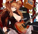  amplifier breast_slip breasts brown_eyes brown_hair cleavage effects_pedal electric_guitar guitar instrument kabocha_(monkey4) long_hair marshall medium_breasts no_bra one_breast_out open_clothes open_shirt original shirt solo twintails yamaha 