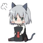  animal_ears bad_id bad_pixiv_id blush_stickers cat_ears cat_tail chibi green_eyes grey_hair highres military military_uniform norayinu pantyhose pillow sanya_v_litvyak sitting solo strike_witches tail uniform world_witches_series 