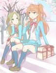  aria_gakuen_school_uniform bad_id bad_pixiv_id bag blue_eyes blue_shirt candy cherry_blossoms food green_eyes green_hair half_updo houjou_hibiki kneehighs long_hair minamino_kanade minatsuki_randoseru multiple_girls orange_hair petals ponytail precure school_uniform shirt sitting suite_precure two_side_up 