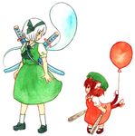  animal_ears ascot balloon bow brown_hair bunbunmaru cat_ears cat_tail chen child colored_pencil_(medium) dress dual_wielding earrings ghost hair_ribbon hairband hat holding imitating jewelry katana konpaku_youmu konpaku_youmu_(ghost) multiple_girls multiple_tails nekomata newspaper red_dress ribbon rolled_up_newspaper shirt short_hair silver_hair skirt skirt_set sword tail tail_ribbon terrajin touhou traditional_media vest weapon white_hair younger 